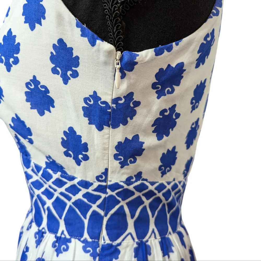 J Crew Santorini Blue White Tile Print Cotton Maxi Dress Size 00 - Picture 7 of 16